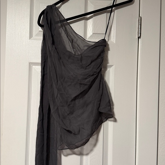 L'Academie One-Shoulder Sheer Scarf Neck Top in Charcoal - Picture 5 of 6